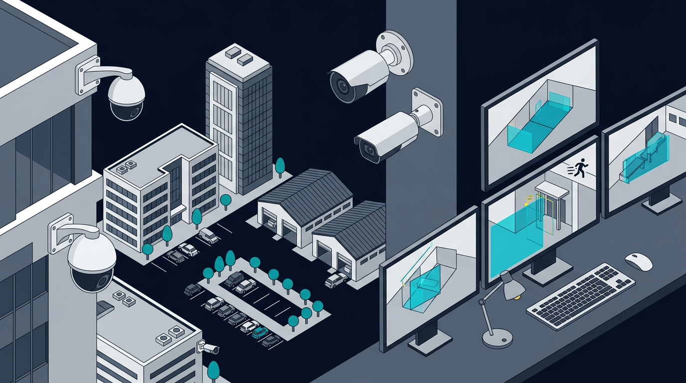 Système de vidéosurveillance IP professionnel avec caméras et écrans de monitoring