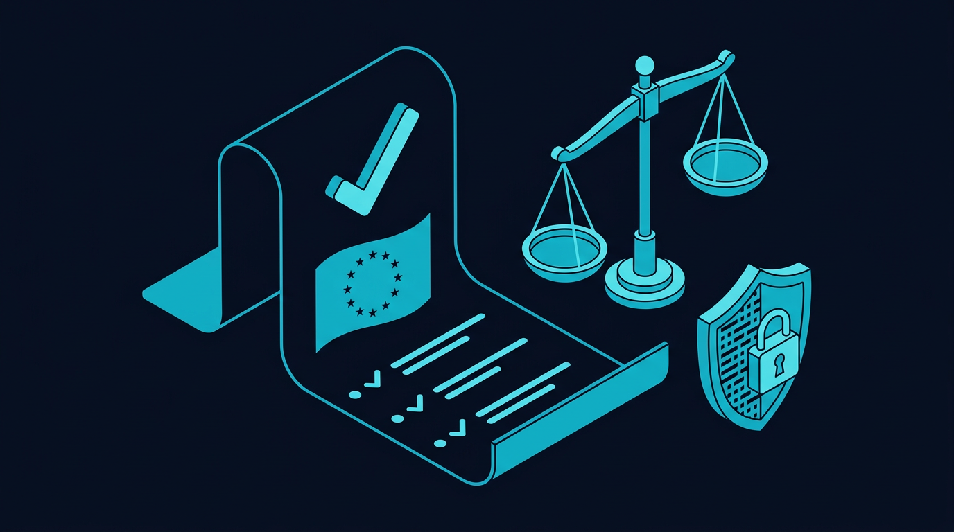 Documents de conformité européenne avec symboles RGPD et balance de la justice