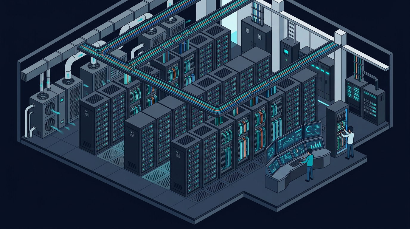Datacenter moderne avec racks serveurs pour migration cloud PME