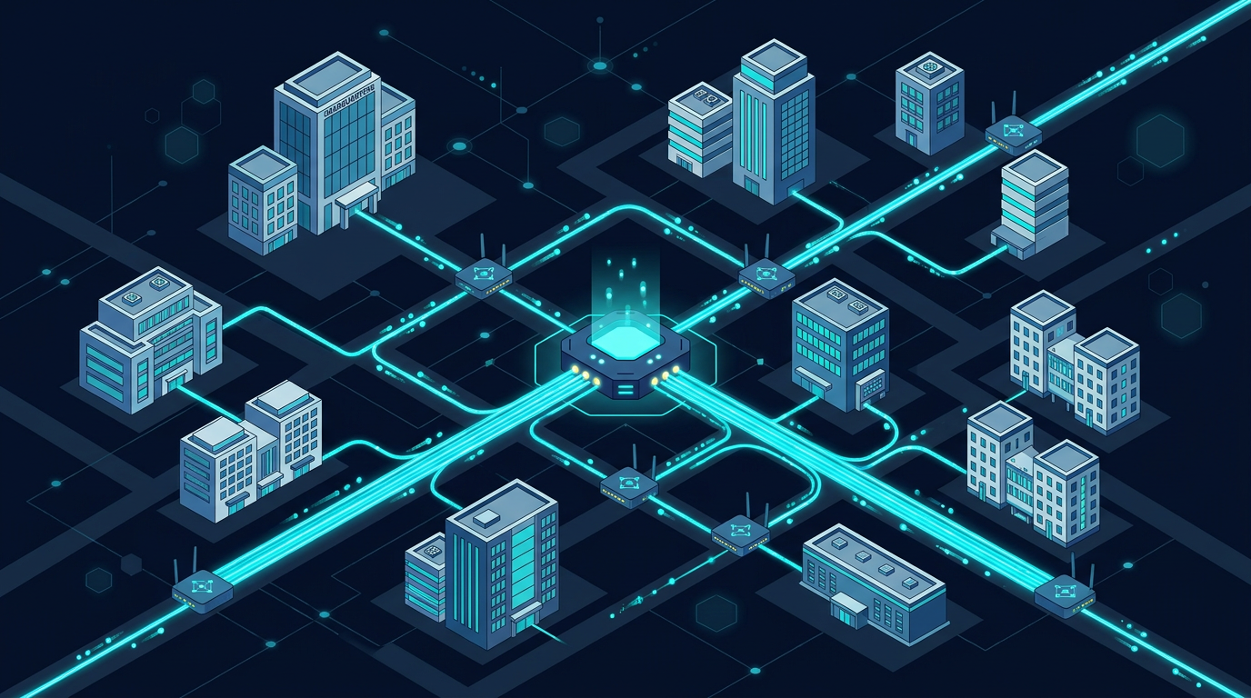 Réseau fibre optique connectant des bâtiments d'entreprise