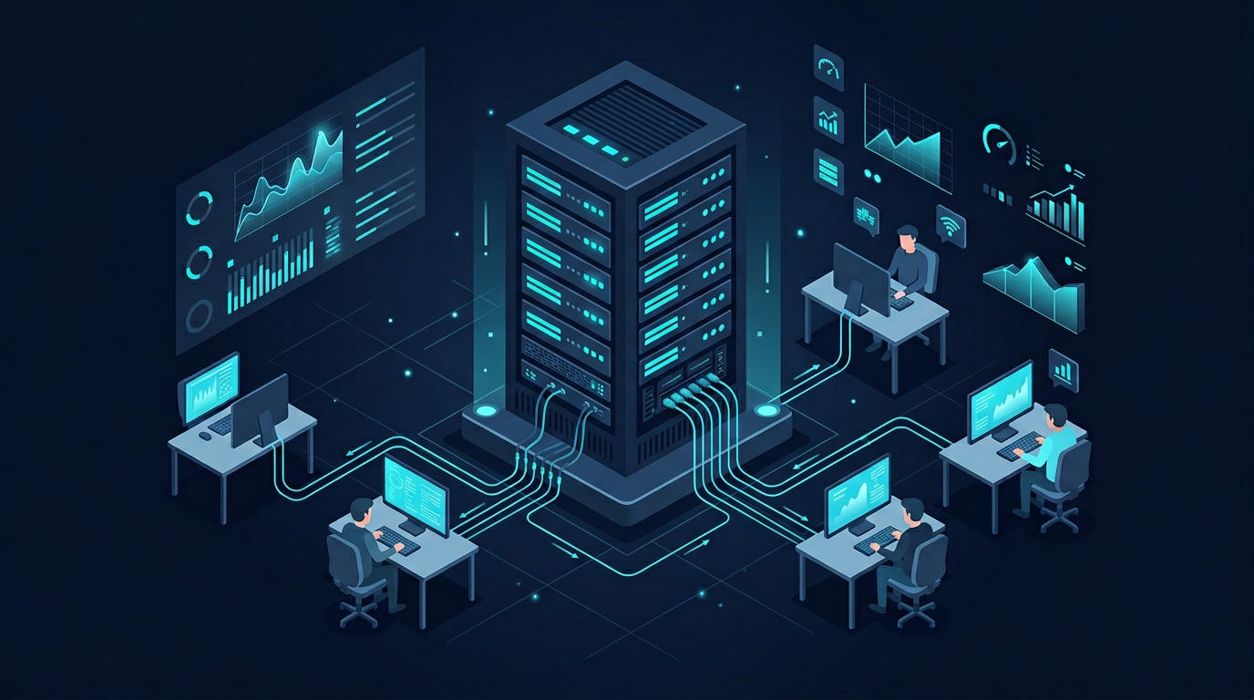 Rack serveur avec monitoring d'alertes CPU, RAM et uptime