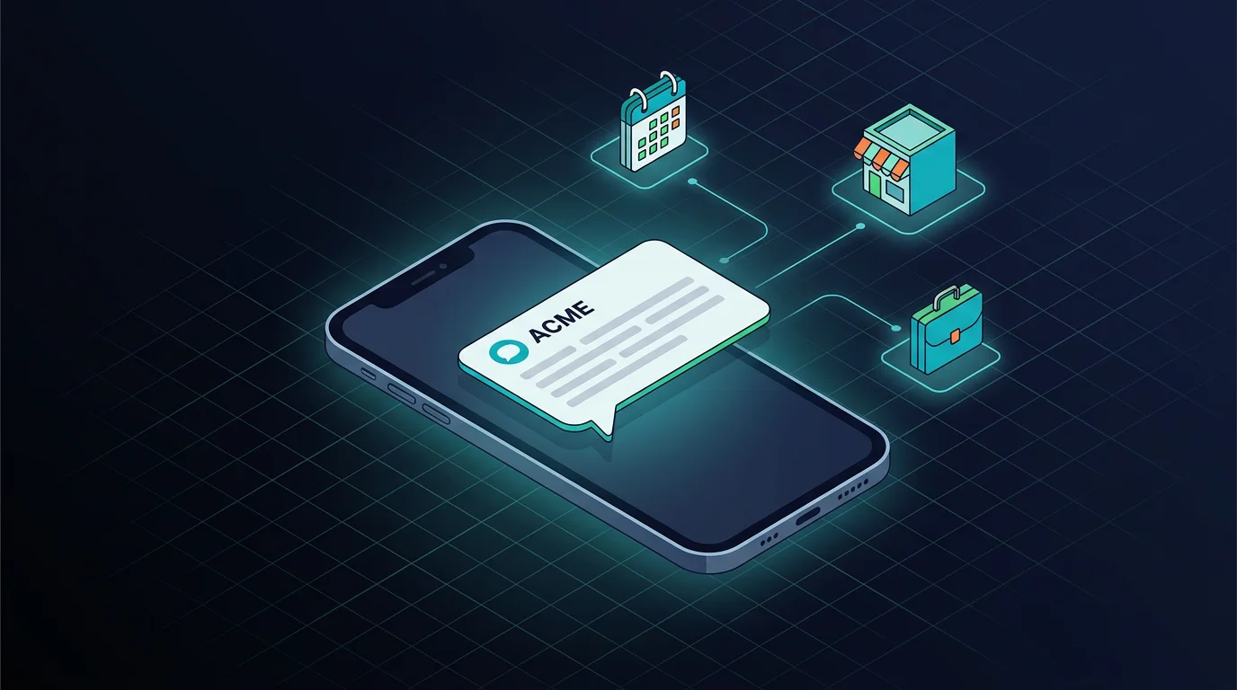 Smartphone pro recevant un SMS d'une entreprise clairement identifiee, en style isometrique