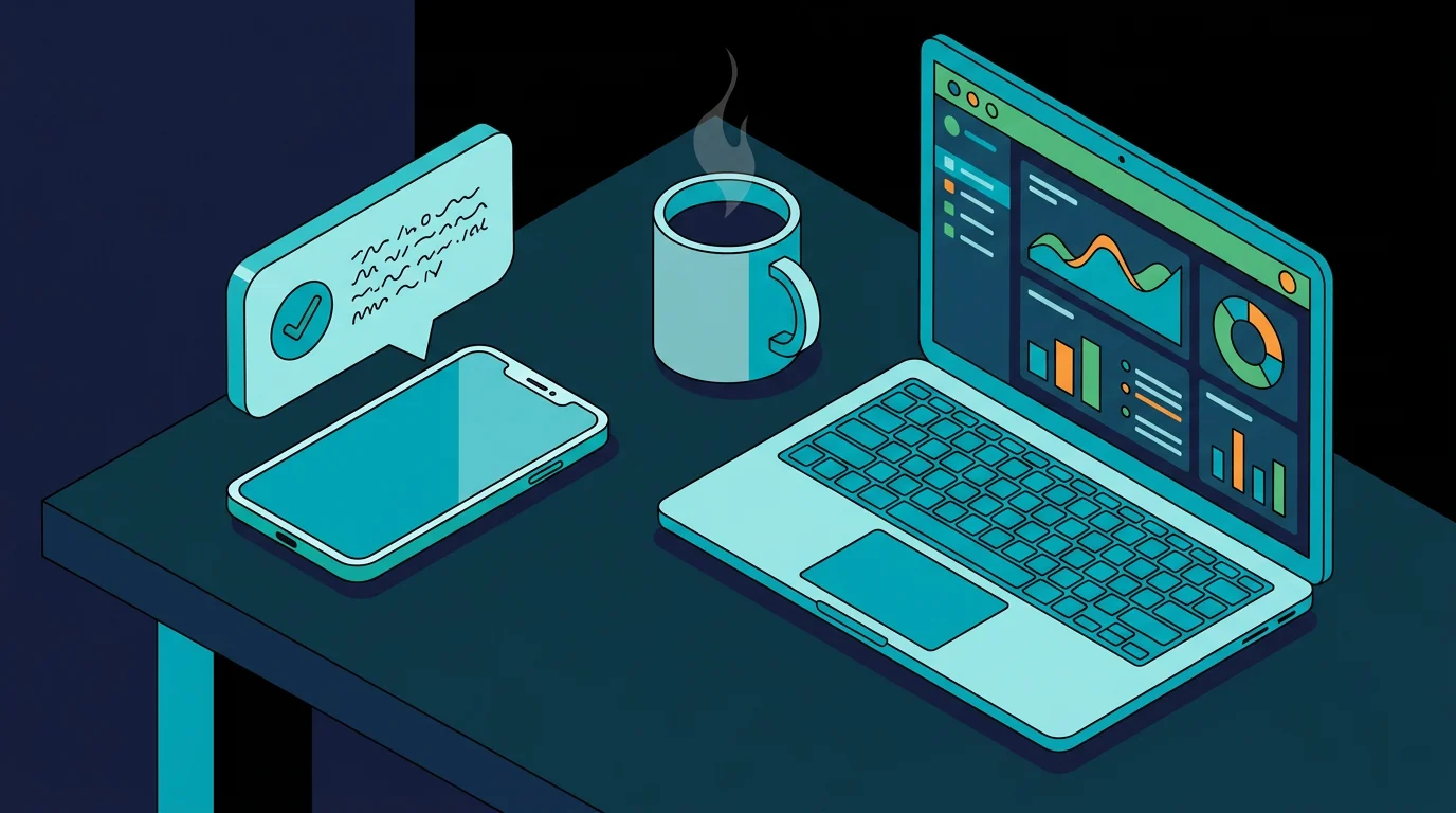 Smartphone et tableau de bord client recevant une confirmation SMS dans un environnement de travail