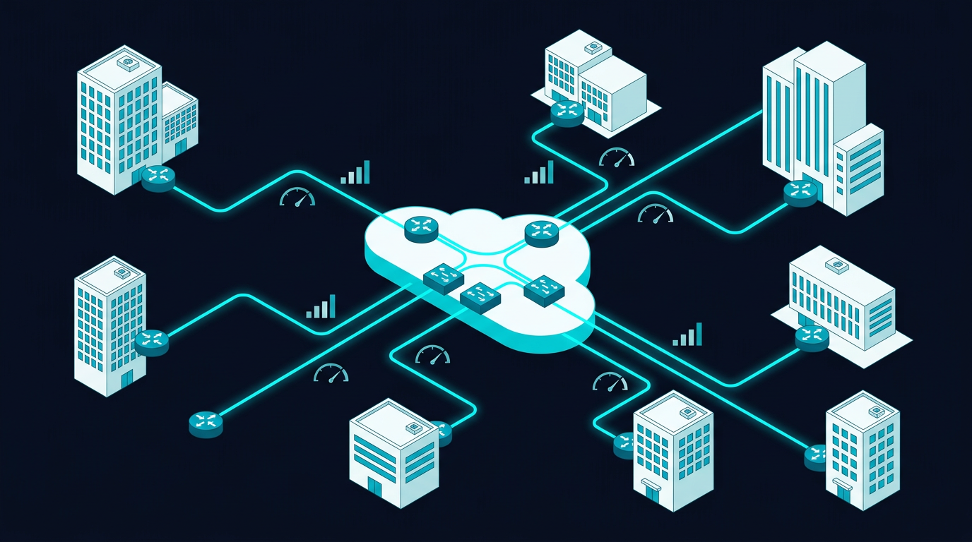 Infrastructure WAN d'entreprise avec routeurs et commutateurs gérant la qualité de service