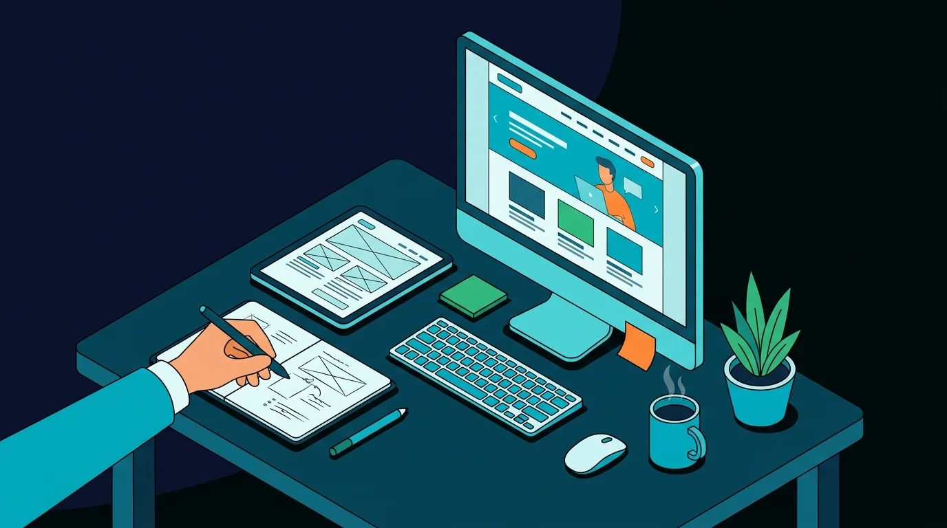Studio de creation de site web professionnel avec maquette ecran, tablette de wireframes et carnet de notes