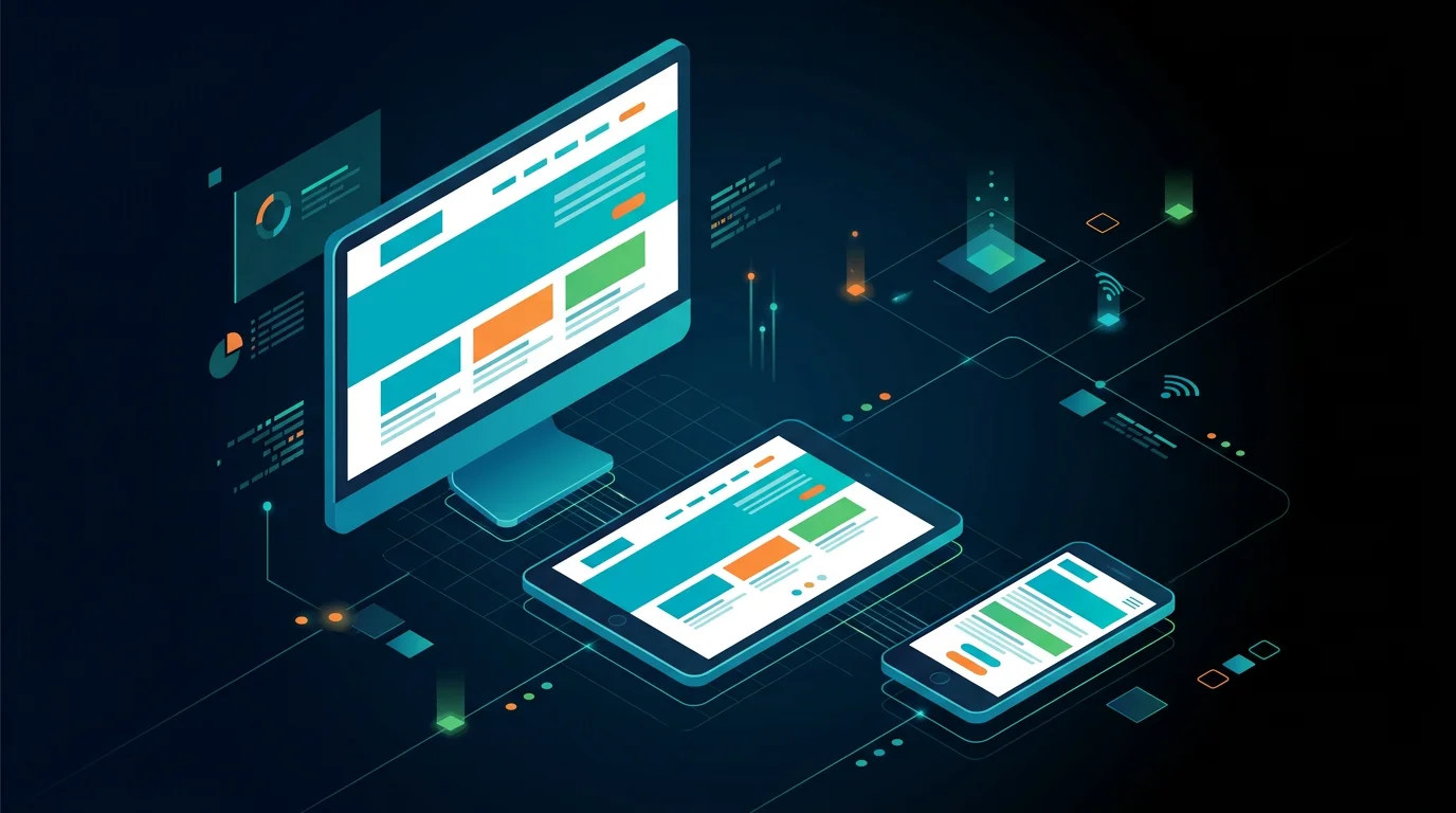 Site web responsive affiche simultanement sur ordinateur, tablette et smartphone en style isometrique