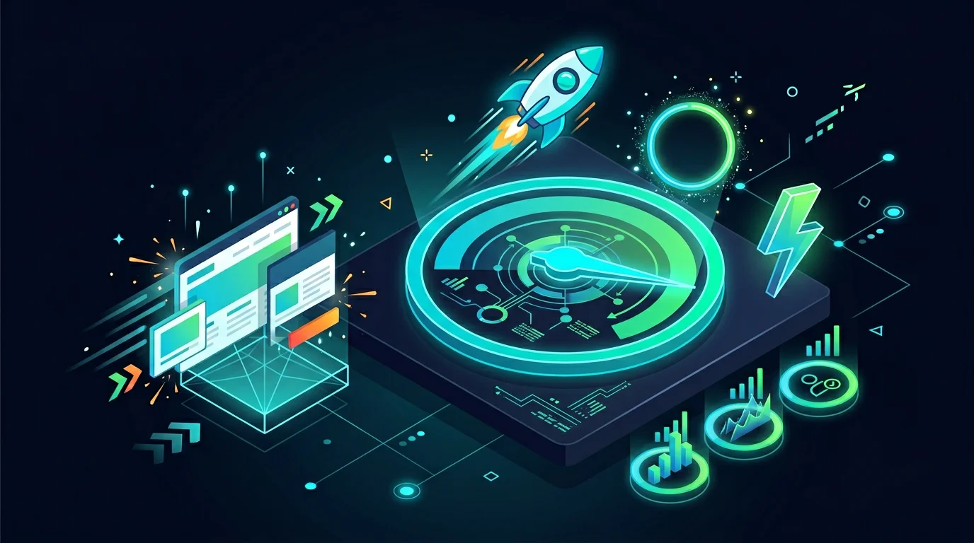 Compteur de performance web et fusee illustrant la vitesse d'un site rapide et bien optimise